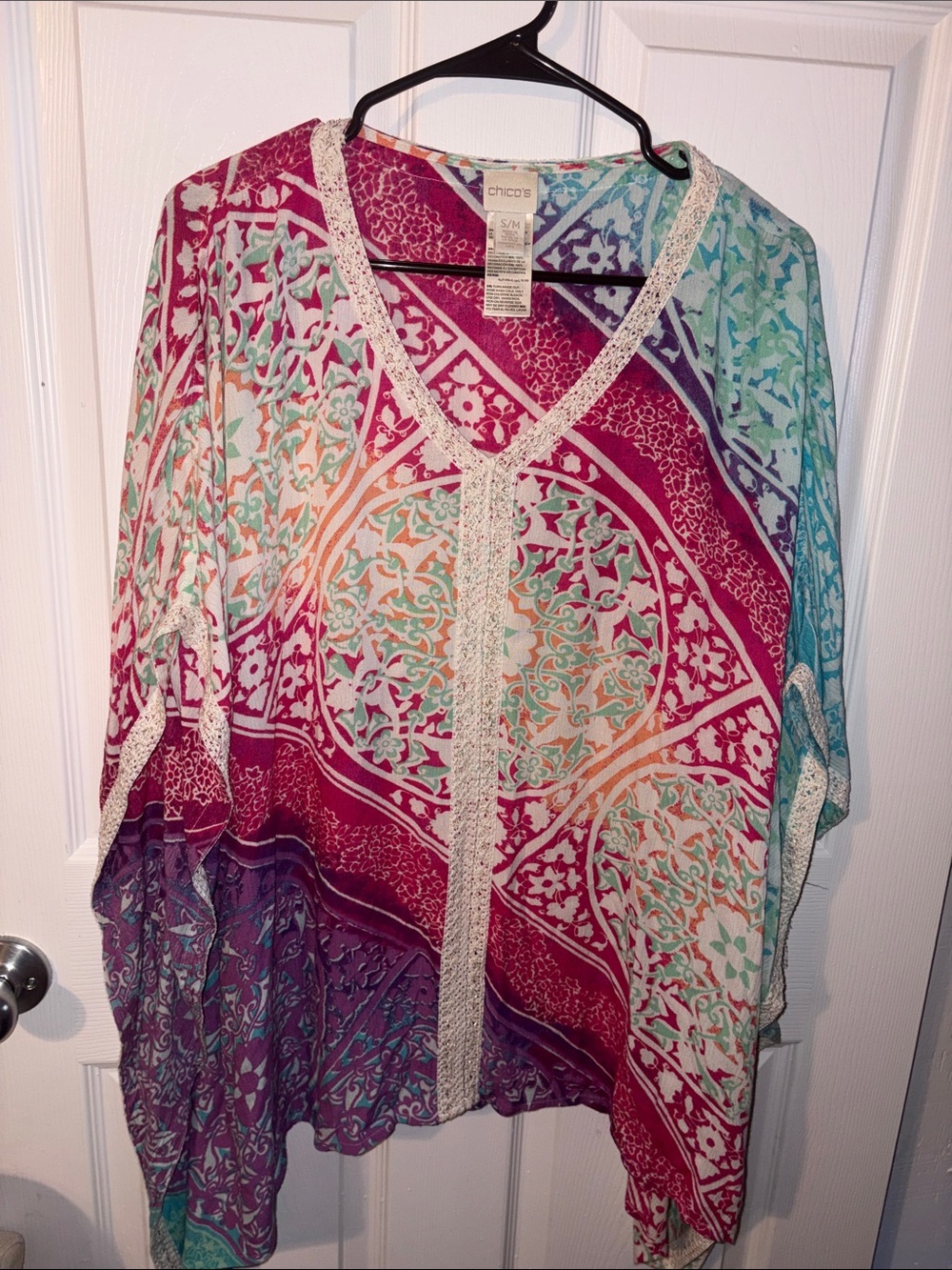Chico's Multicolor Boho V-Neck Tunic in Magenta, Teal & Purple